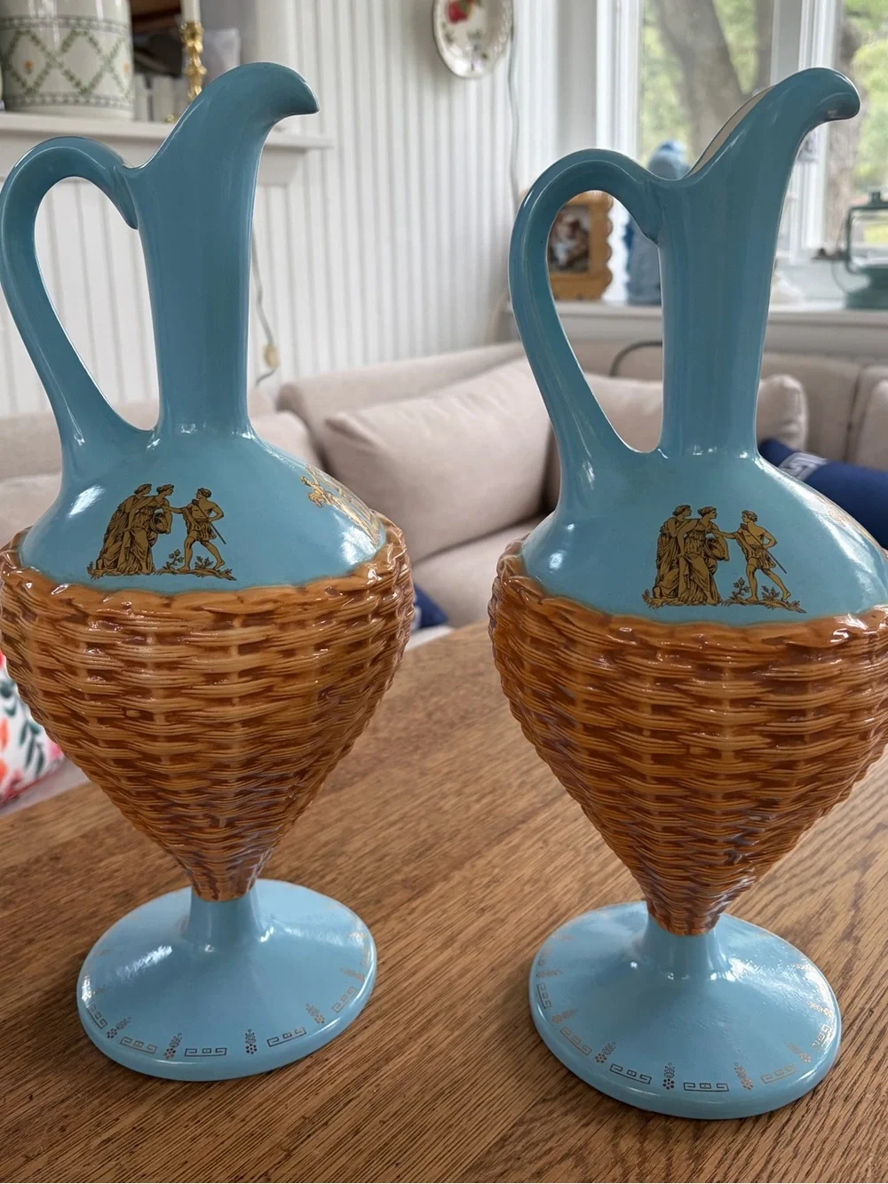 Source Unknown Blue and Brown Wicker-Style Ceramic Pitcher Duo